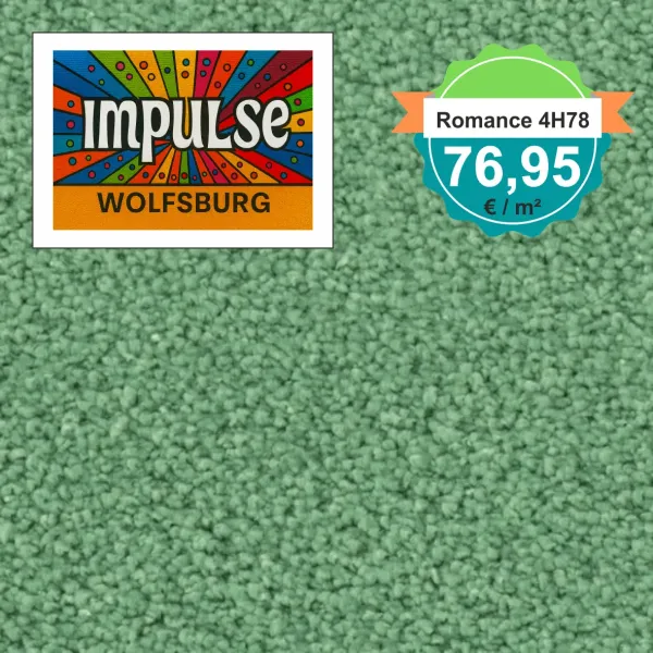 Teppichmuster mit Label „Impulse WOLFSBURG“ und Badge „Romance 4H78 – 76,95 €/m²“